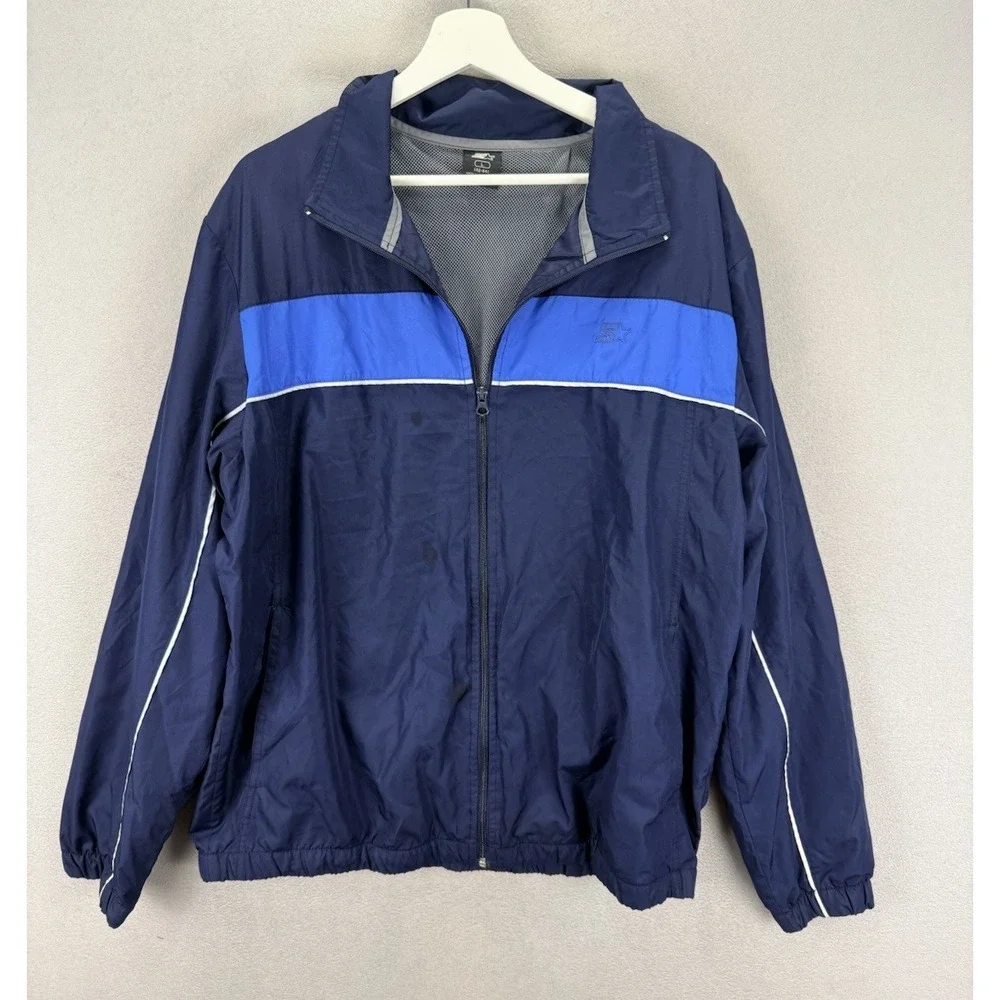 Vintage Starter Men's Sz L Blue & White Chest Stripe Full-Zip Windbreaker Jacket